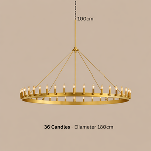Gold chandelier with 36 candles on a beige background