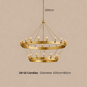 Gold chandelier with 18+15 candles on a beige background