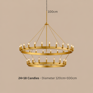 Gold chandelier with 24+18 candles on a beige background