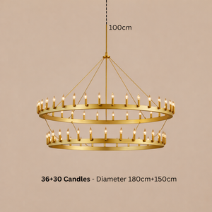 Gold chandelier with 36+30 candles on a beige background