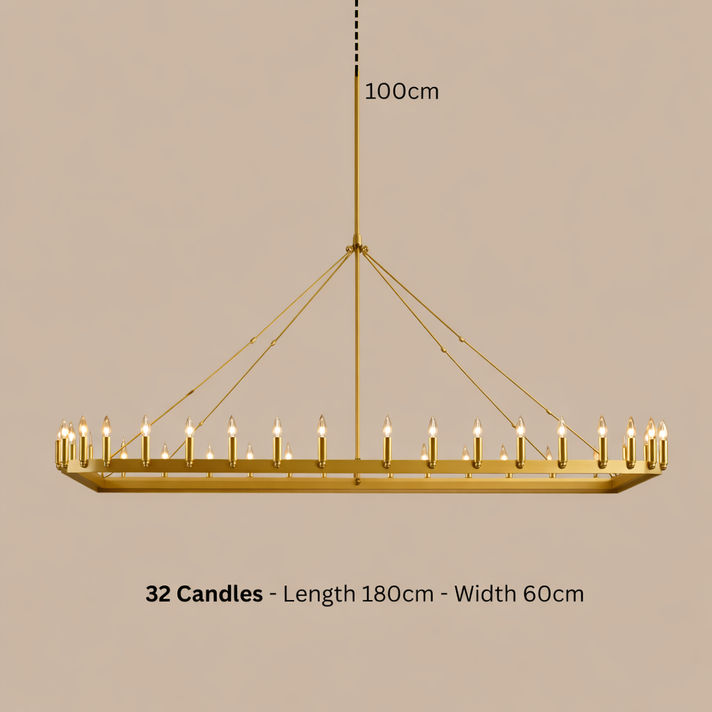 Gold chandelier with 32 candles on a beige background, showing dimensions.