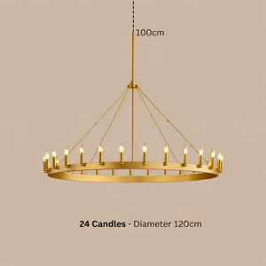 Gold chandelier with 24 candles on a beige background