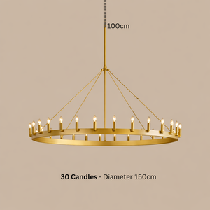 Gold chandelier with 30 candles on a beige background