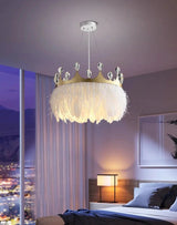 White Feather Crown Crystal Pendant Light - Illuminate Your Space with Ethereal Elegance