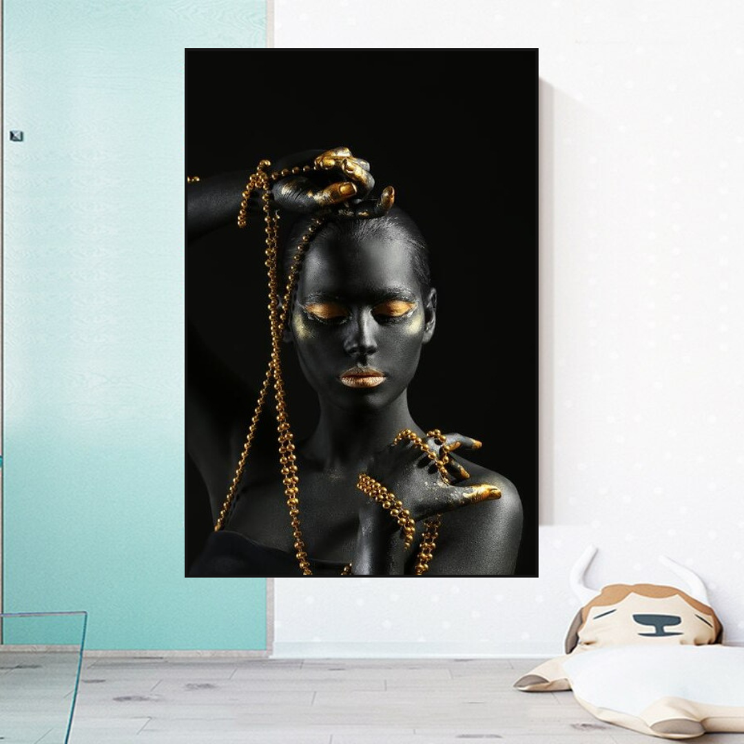Afro Girl in Beads Jewel Canvas Wall Art-ChandeliersDecor