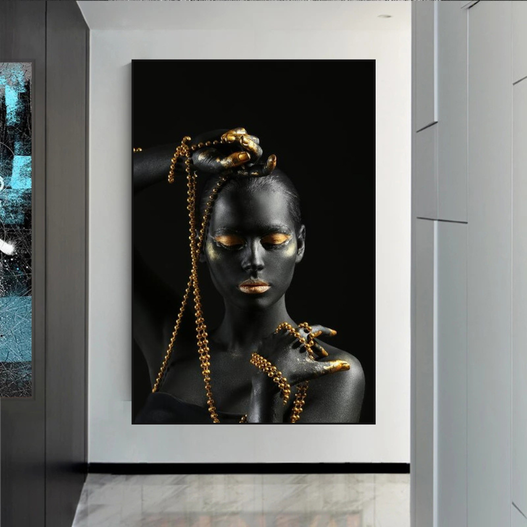 Afro Girl in Beads Jewel Canvas Wall Art-ChandeliersDecor
