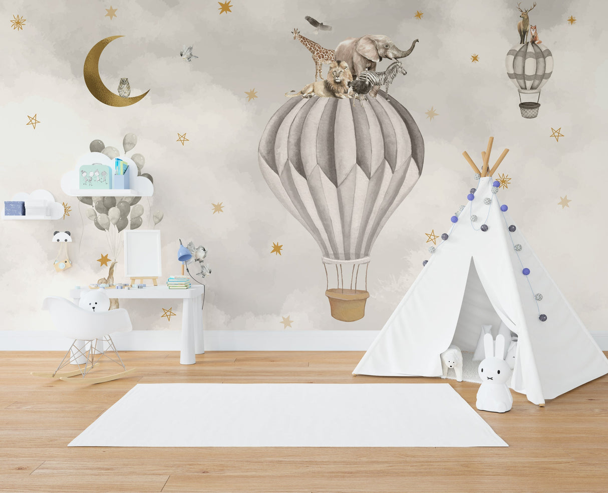 Air Balloon Safari Nursery Wallpaper Mural - Flying Safari-ChandeliersDecor