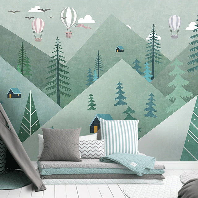 Air Balloons over Green Forest Nursery Wallpaper-ChandeliersDecor