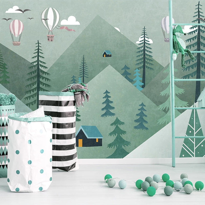 Air Balloons over Green Forest Nursery Wallpaper-ChandeliersDecor