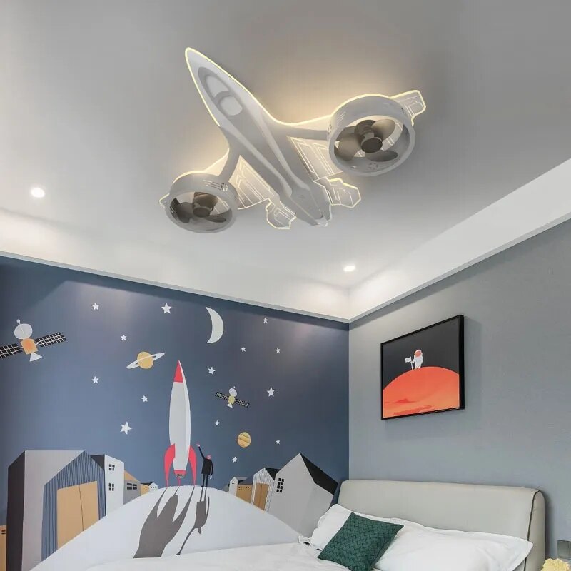 Airplane Ceiling Light with Fan for Kids Room - Light Grey-ChandeliersDecor