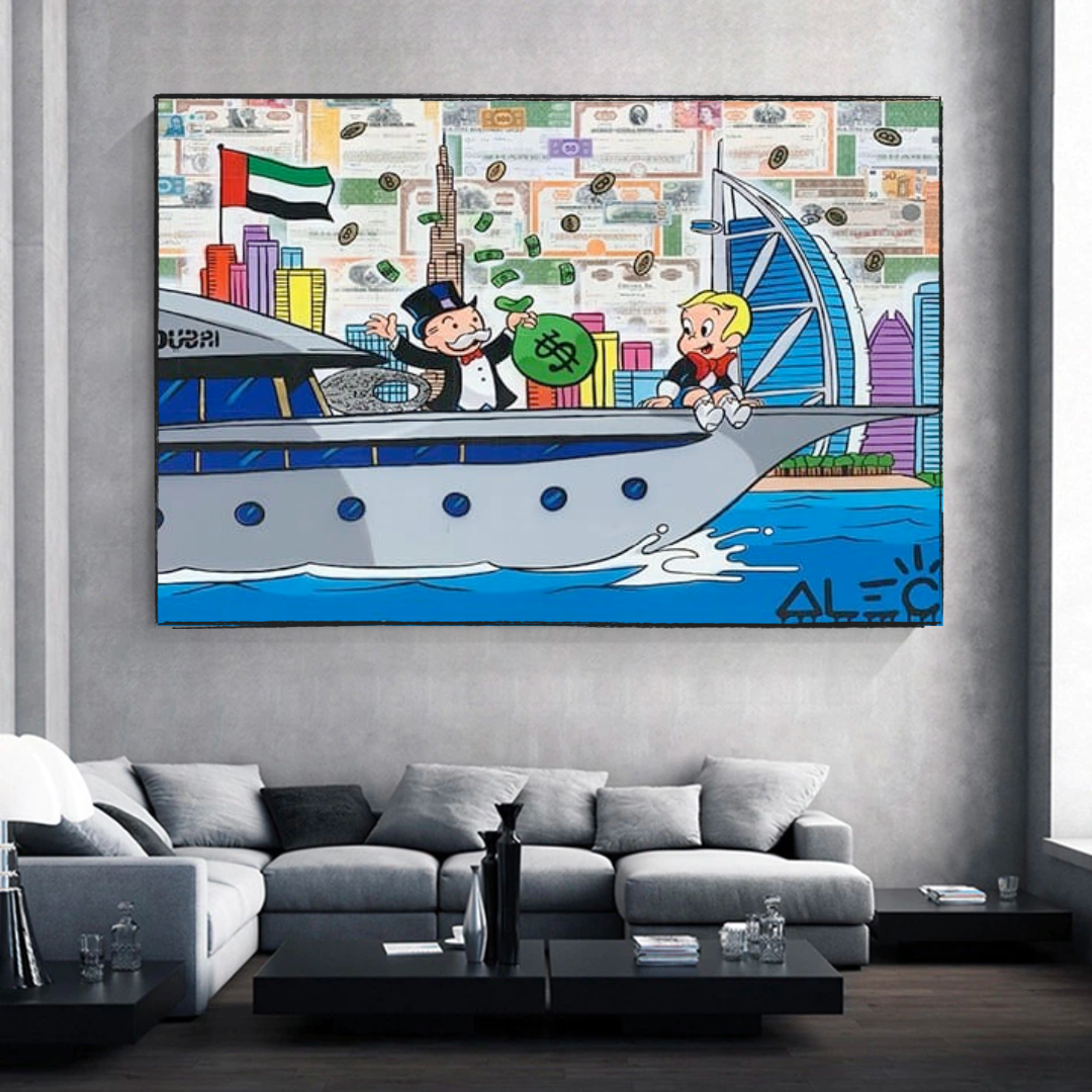 Alec Monopoly Art: Richie Rich Cruising Canvas Wall Art-ChandeliersDecor