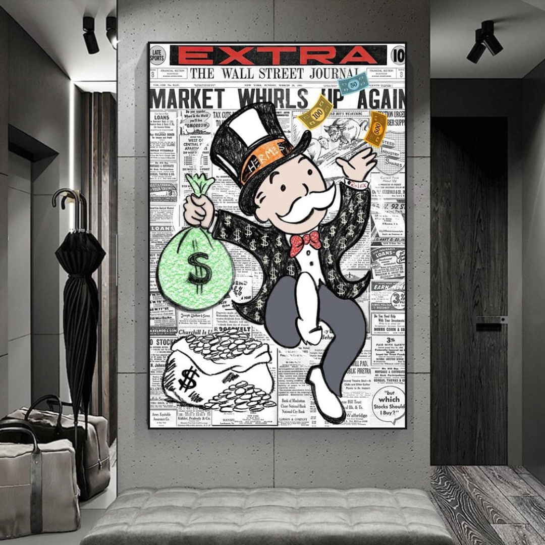 Alec Monopoly Money Bag Prints Newspaper Canvas Wall Art-ChandeliersDecor