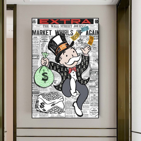 Alec Monopoly Money Bag Prints Newspaper Canvas Wall Art-ChandeliersDecor