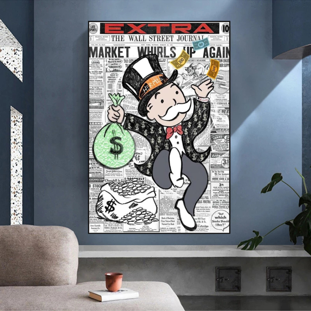 Alec Monopoly Money Bag Prints Newspaper Canvas Wall Art-ChandeliersDecor