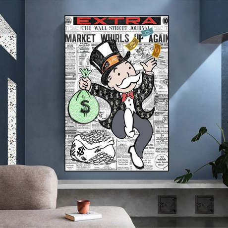 Alec Monopoly Money Bag Prints Newspaper Canvas Wall Art-ChandeliersDecor