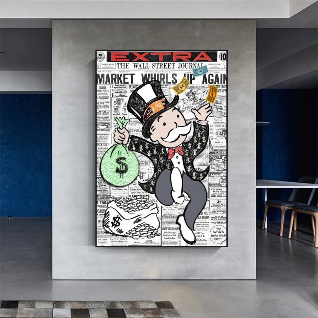 Alec Monopoly Money Bag Prints Newspaper Canvas Wall Art-ChandeliersDecor