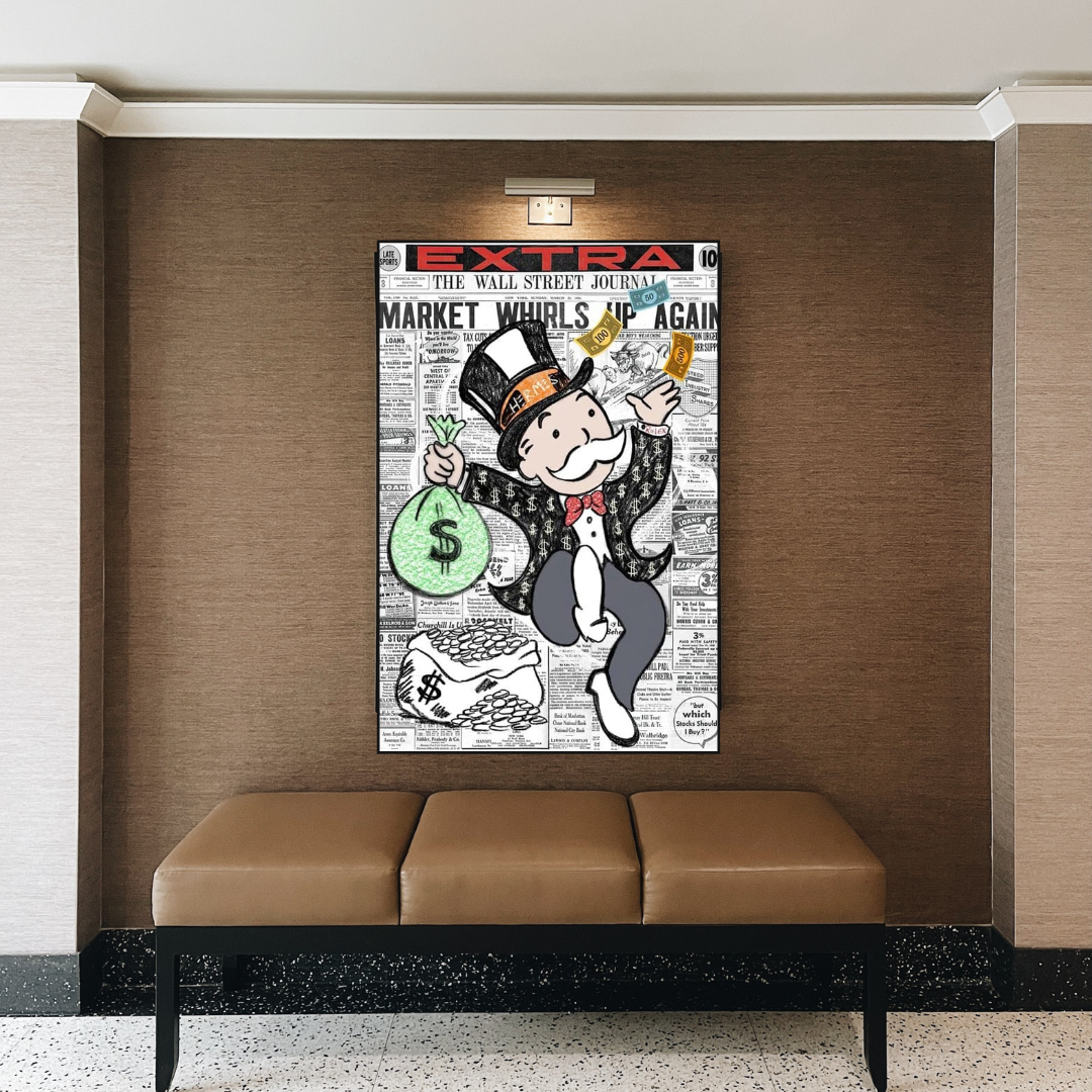 Alec Monopoly Money Bag Prints Newspaper Canvas Wall Art-ChandeliersDecor