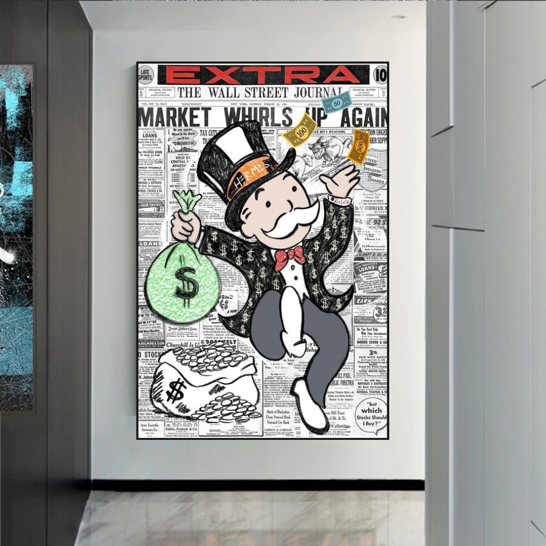 Alec Monopoly Money Bag Prints Newspaper Canvas Wall Art-ChandeliersDecor