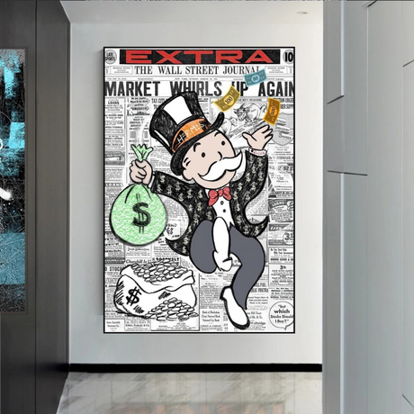 Alec Monopoly Money Bag Prints Newspaper Canvas Wall Art-ChandeliersDecor