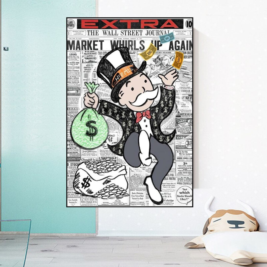 Alec Monopoly Money Bag Prints Newspaper Canvas Wall Art-ChandeliersDecor