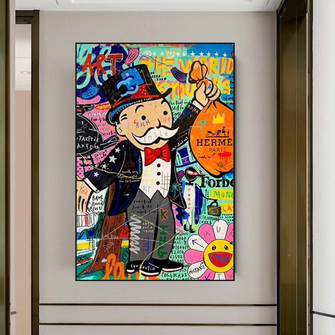 Alec Monopoly The World is Yours Money Bag Canvas Wall Art-ChandeliersDecor