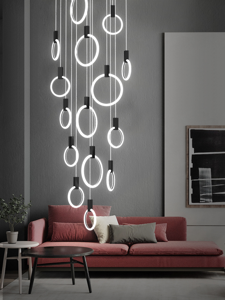 Aluminium Black Rings Long pendant lamp-ChandeliersDecor