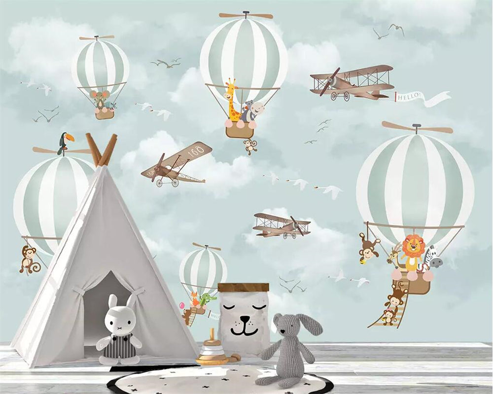Animals Flying on Air Balloons in Sky Nursery Wallpaper-ChandeliersDecor