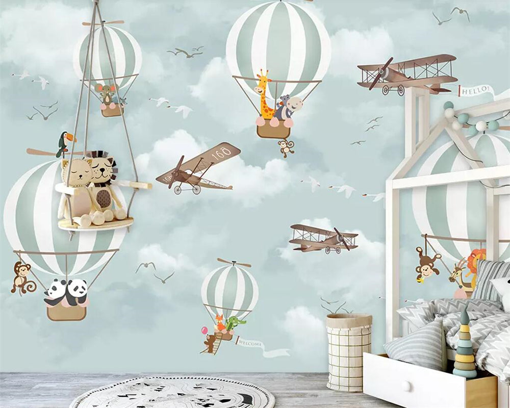 Animals Flying on Air Balloons in Sky Nursery Wallpaper-ChandeliersDecor