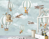 Animals Flying on Air Balloons in Sky Nursery Wallpaper-ChandeliersDecor