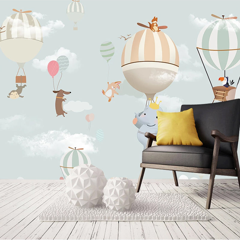 Animals Flying on Air Balloons Nursery Wallpaper-ChandeliersDecor