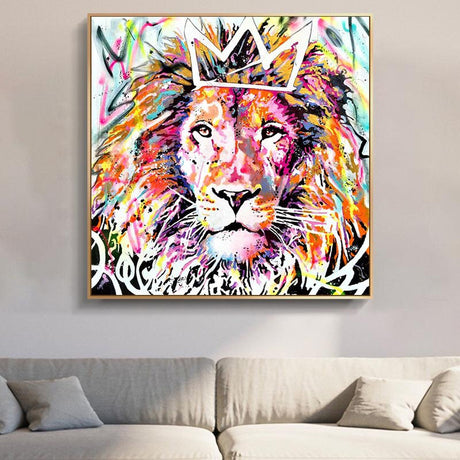 Animals Graffiti Lion With Crown Canvas Wall Art