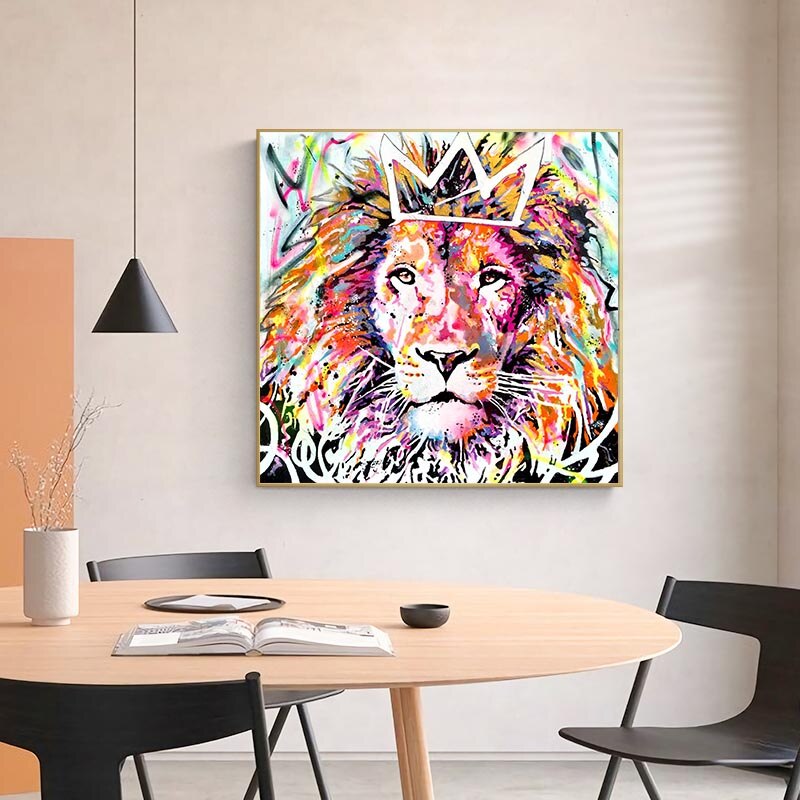Animals Graffiti Lion With Crown Canvas Wall Art-ChandeliersDecor