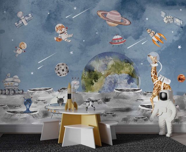 Animals in Space Astronauts: Kids Room Wallpaper Mural-ChandeliersDecor.com