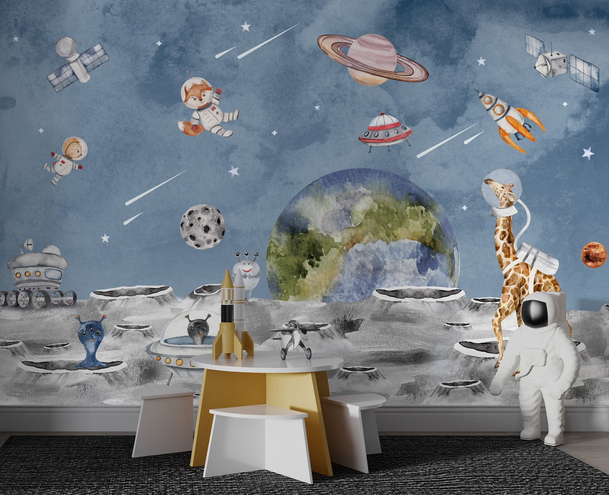 Tiere im Weltraum Astronauten: Tapetenwandgemälde für das Kinderzimmer