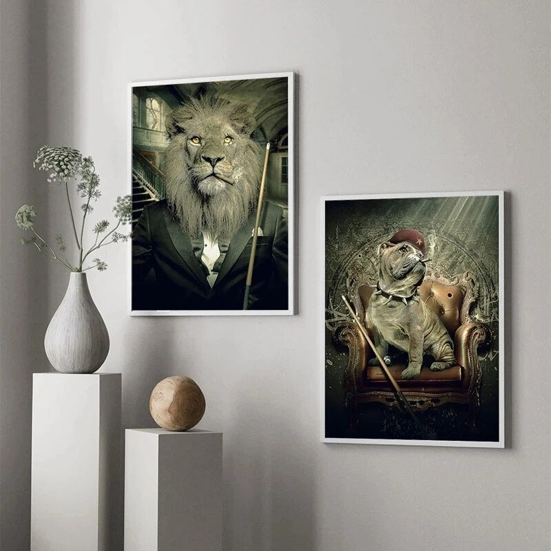 Animals Lions and Dogs Playing Billiards Canvas Wall Art
