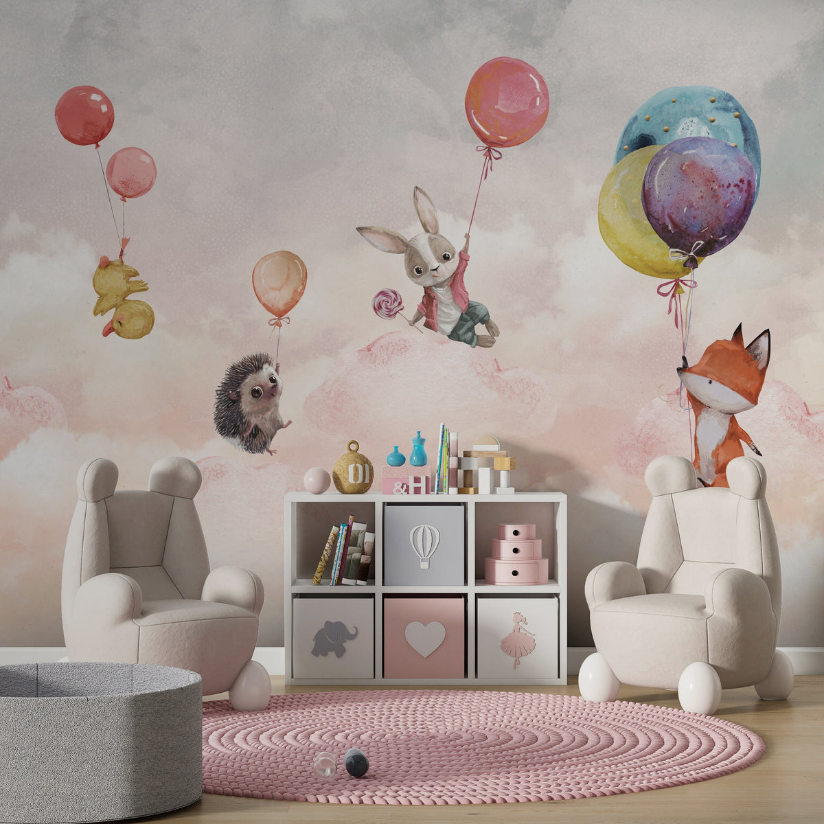 Tiere auf Ballon – Tapetenwandbild für Kinderzimmer