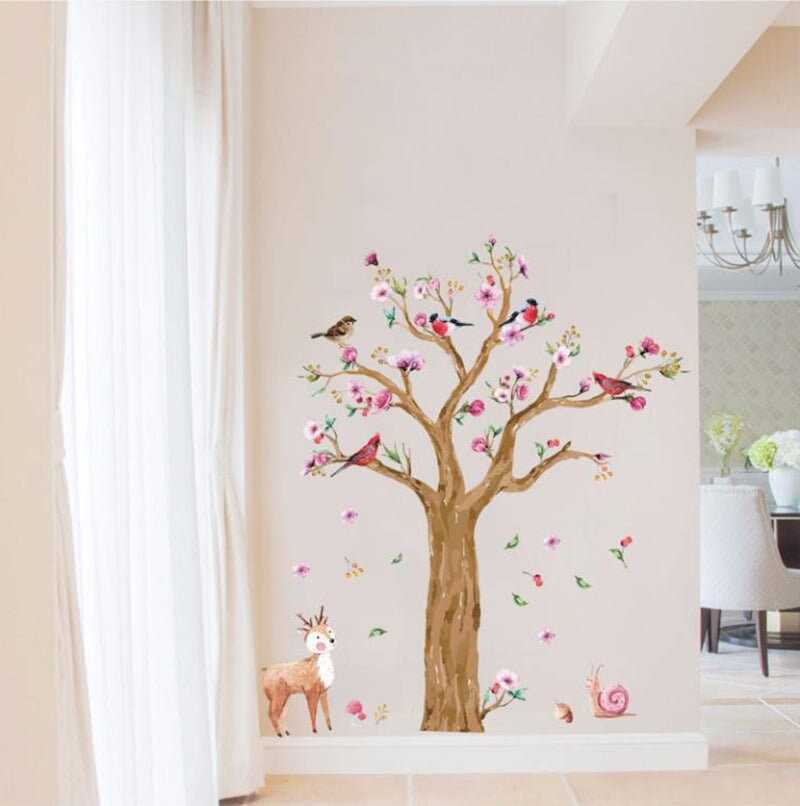 Animals tree wall sticker for Kids Room | Birds Deer Lovely Flower Wall Decal