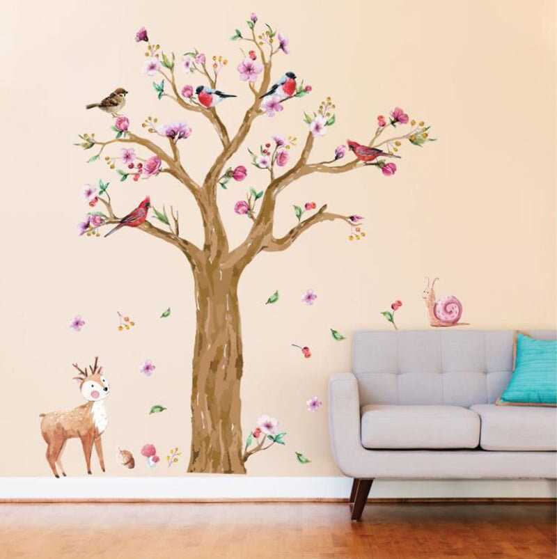 Animals tree wall sticker for Kids Room | Birds Deer Lovely Flower Wall Decal