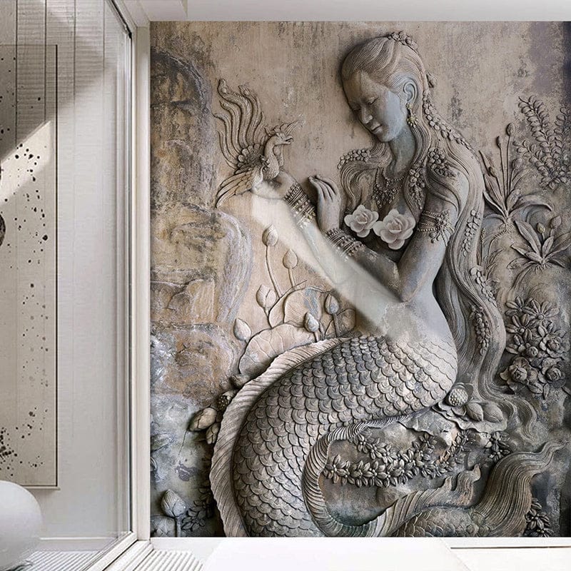 Artistic Mermaid Haven Living Room Mural Wallpaper-ChandeliersDecor