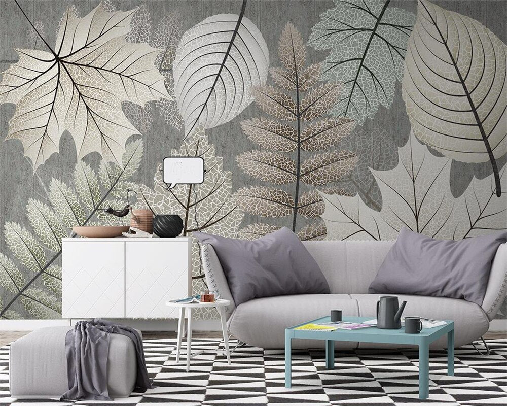 Artistic Monochrome Leaf Mural Wallpaper-ChandeliersDecor