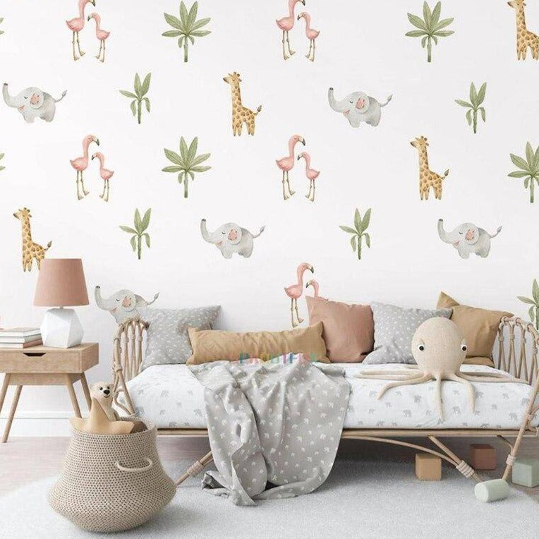 Baby Animals Flamingo Elephant Giraffe Green Leaf Wall Stickers | Kids Room Living Room Baby Nursery Home Decoration