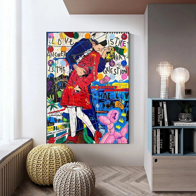 Banksy Abstract Graffiti Couple Kissing Canvas Wall Art