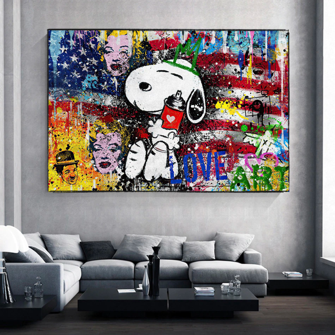 Banksy American: Snoopy Love Canvas Wall Art-ChandeliersDecor