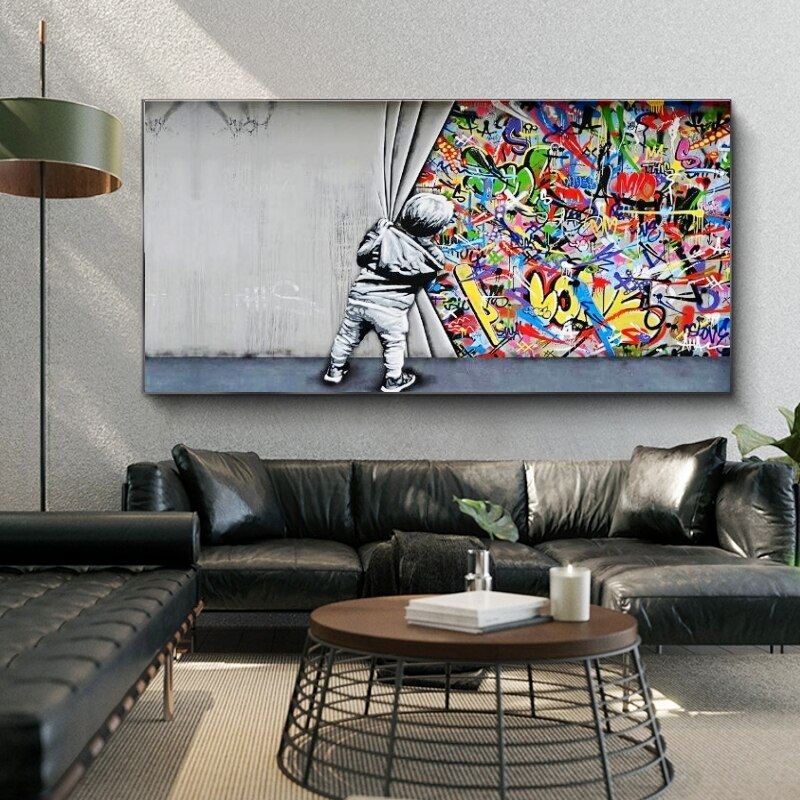 Banksy Boy Behind The Curtain Canvas Wall Art-ChandeliersDecor