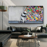 Banksy Boy Behind The Curtain Canvas Wall Art-ChandeliersDecor