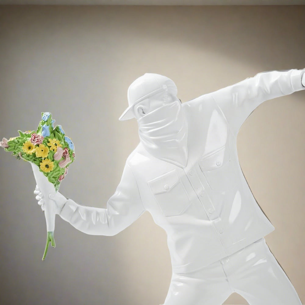 Banksy Flower Bomber Boy Statue Sculpture-ChandeliersDecor