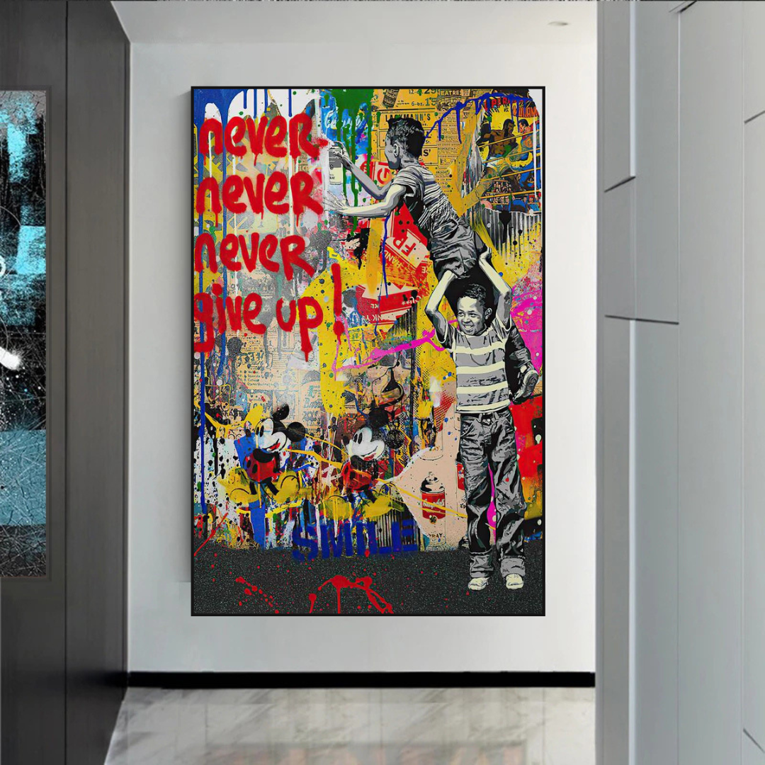 Banksy Never Give Up Poster: Authentic Street Art-ChandeliersDecor