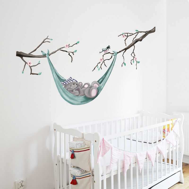 Bear Reading Book on the Hammock Tree Wall Stickers | Bear on Hammock Wall Decal