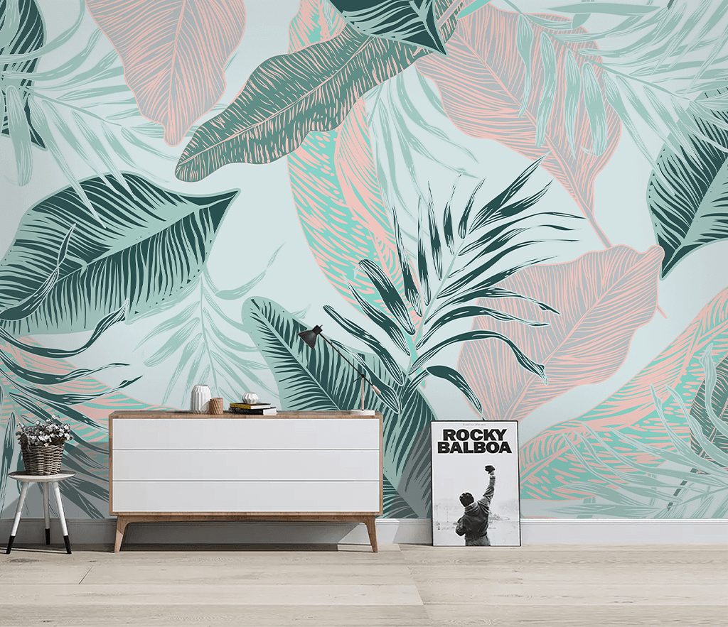 Beige and Green Leaves - Tropical Wallpaper Murals-ChandeliersDecor.com
