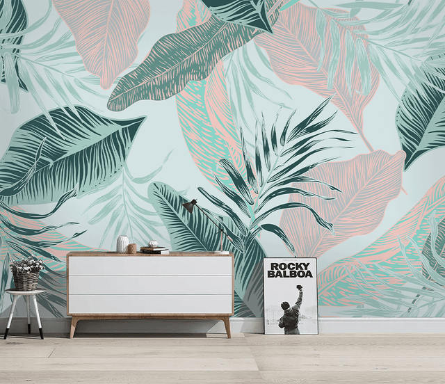 Beige and Green Leaves - Tropical Wallpaper Murals-ChandeliersDecor.com